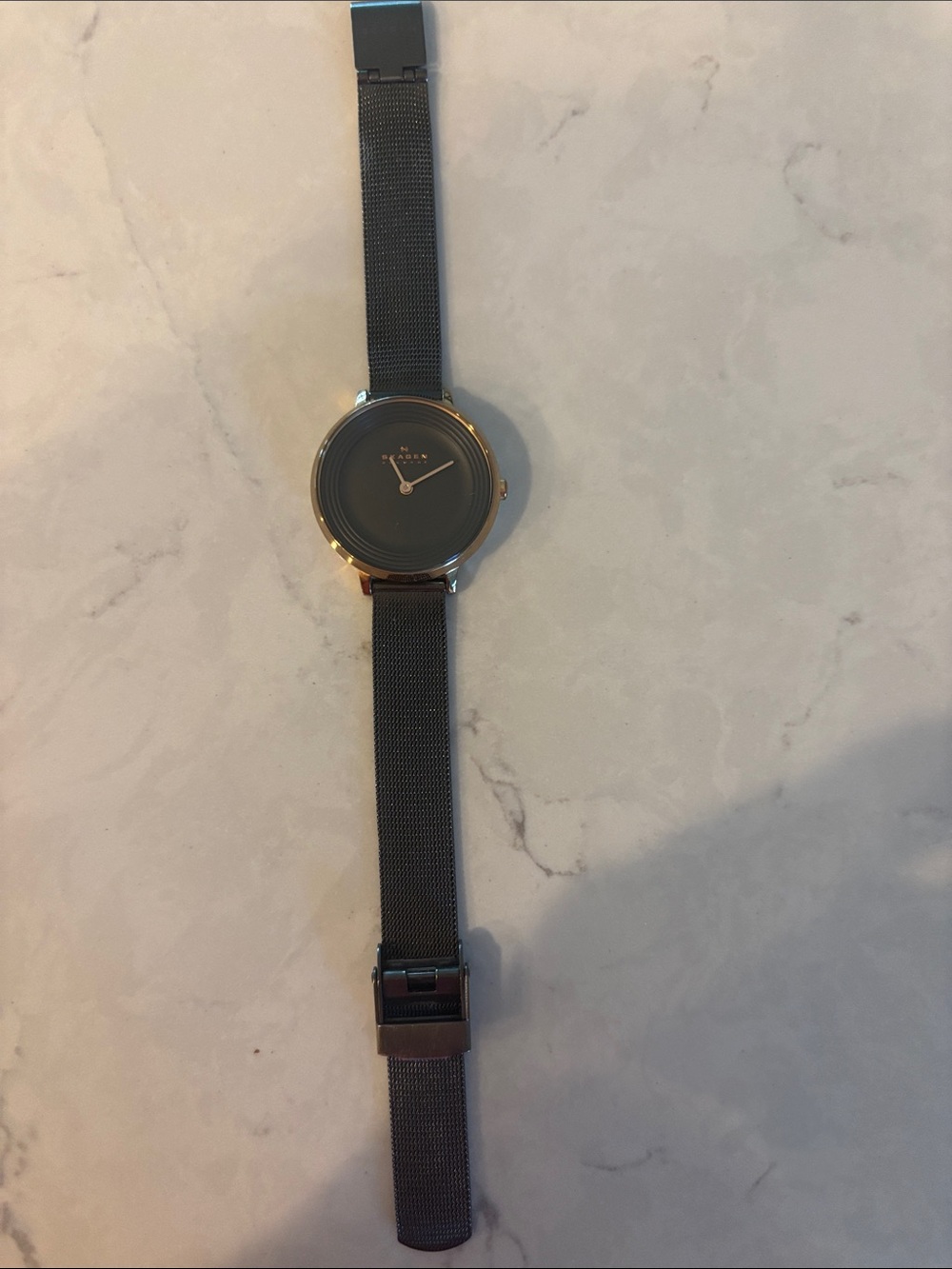 Skagen Black Mesh Strap Watch with Gold-Tone Bezel